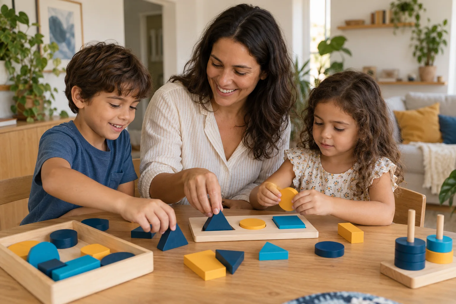 Cena ilustrativa de mãe e crianças brincando com peças coloridas