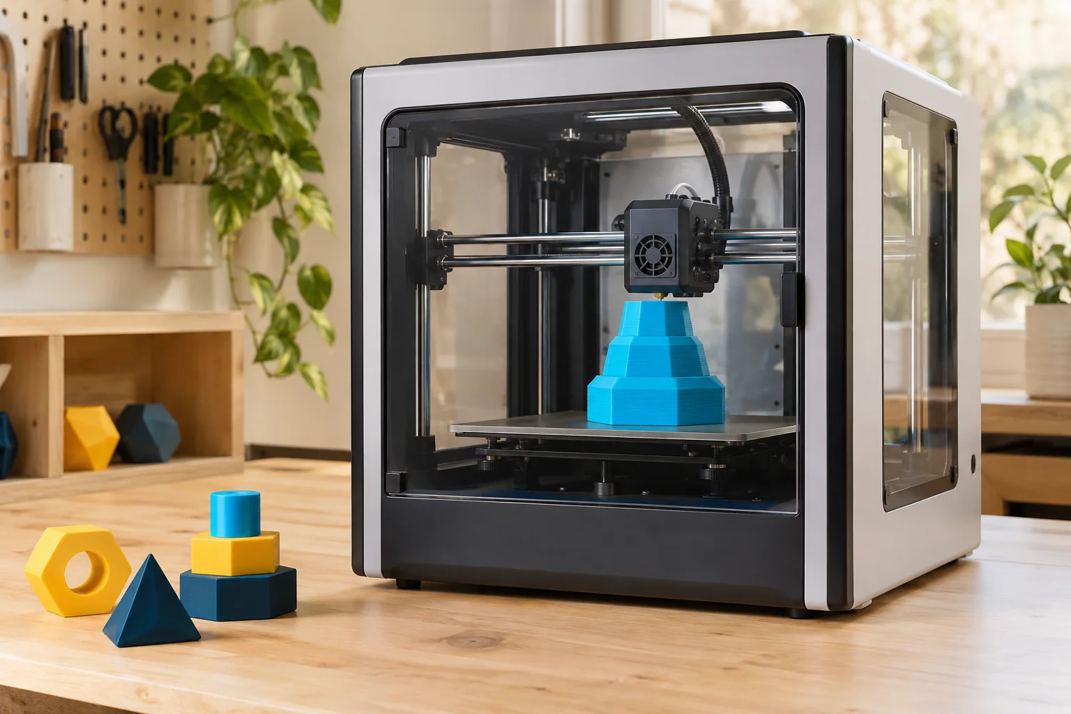 Imagem ilustrativa de impressora 3D produzindo uma peça educativa